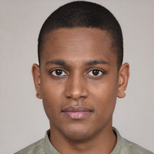 Neutral black young-adult male with short  brown hair and brown eyes