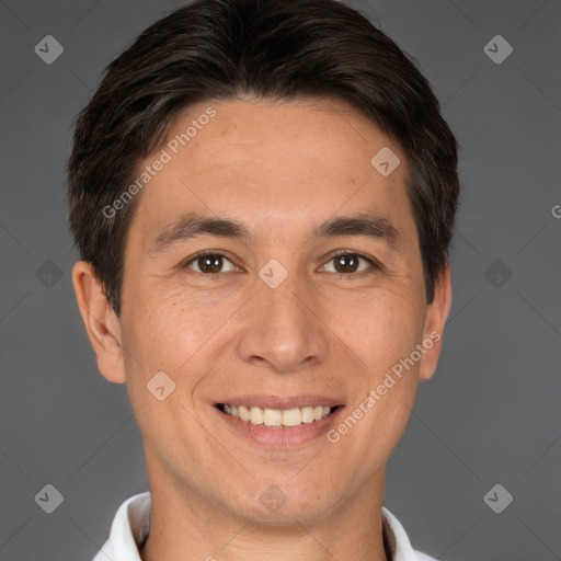 Joyful white adult male with short  brown hair and brown eyes