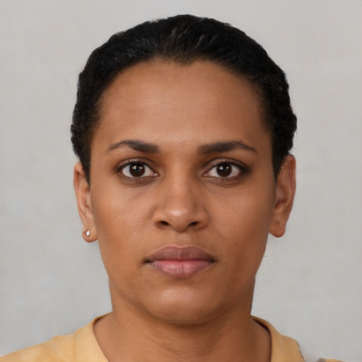 Neutral black young-adult female with short  black hair and brown eyes