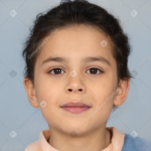 Joyful white child female with medium  brown hair and brown eyes