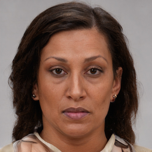 Neutral white adult female with medium  brown hair and brown eyes