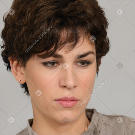 Neutral white young-adult female with short  brown hair and brown eyes