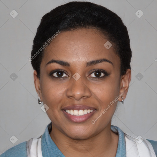 Joyful latino young-adult female with short  black hair and brown eyes