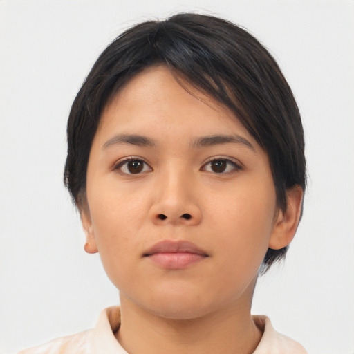 Neutral asian young-adult female with medium  brown hair and brown eyes