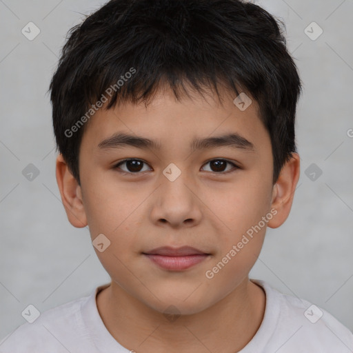 Joyful white child male with short  brown hair and brown eyes