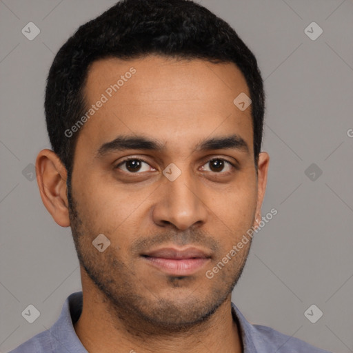 Neutral latino young-adult male with short  brown hair and brown eyes