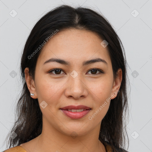 Joyful latino young-adult female with medium  brown hair and brown eyes