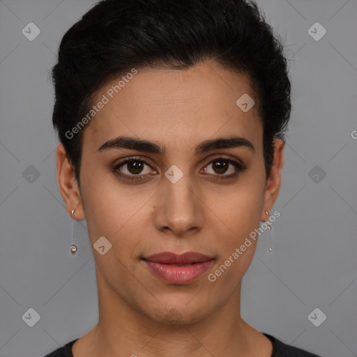 Joyful latino young-adult female with short  brown hair and brown eyes