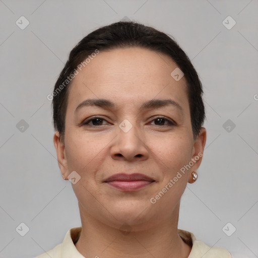 Joyful white young-adult female with short  brown hair and brown eyes