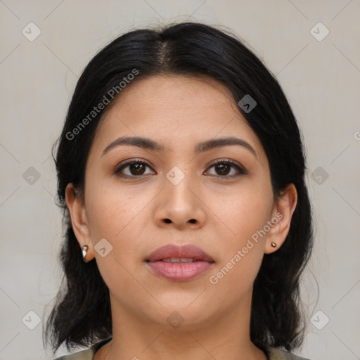 Neutral asian young-adult female with medium  black hair and brown eyes