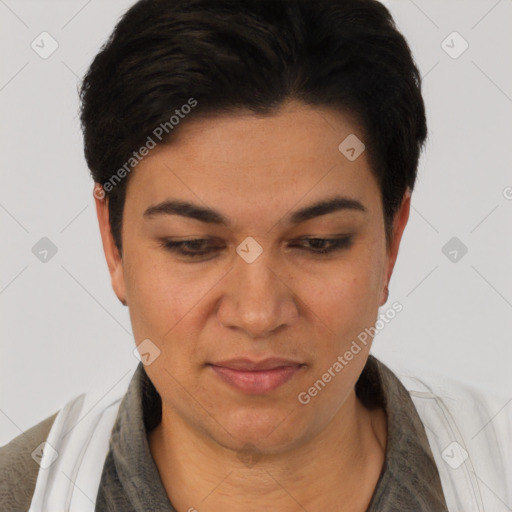 Joyful white young-adult female with short  black hair and brown eyes