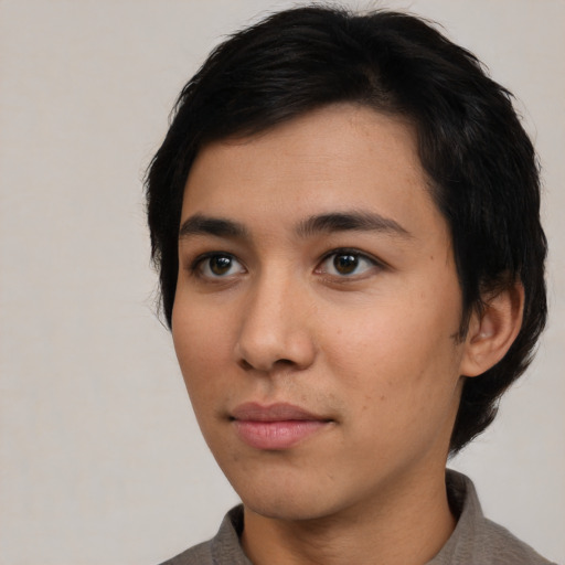 Neutral white young-adult female with short  black hair and brown eyes
