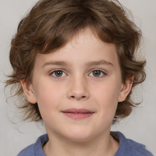 Joyful white child female with medium  brown hair and grey eyes