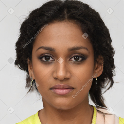 Joyful black young-adult female with medium  brown hair and brown eyes