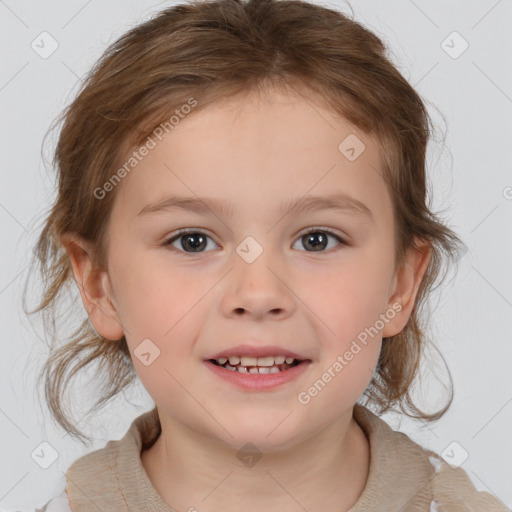 Joyful white child female with medium  brown hair and brown eyes