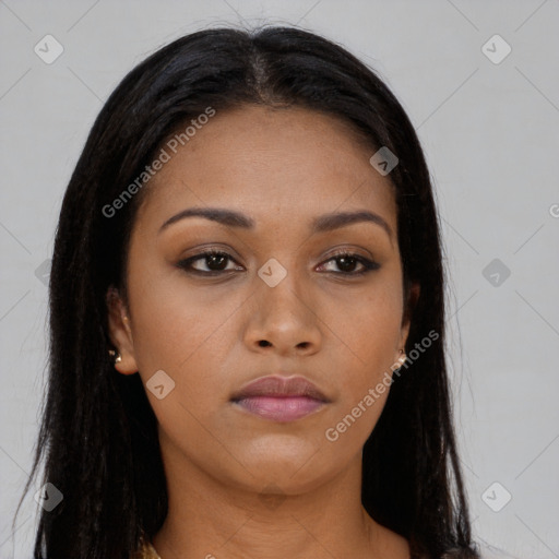 Neutral asian young-adult female with long  brown hair and brown eyes