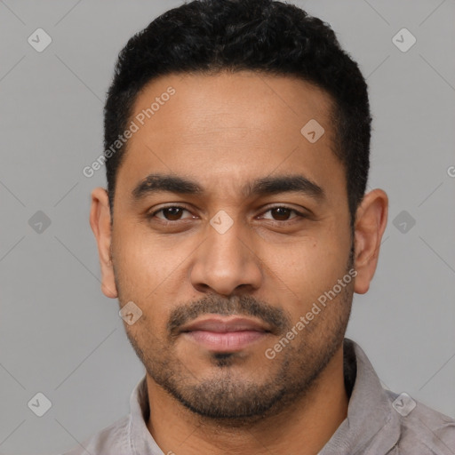 Neutral latino young-adult male with short  black hair and brown eyes