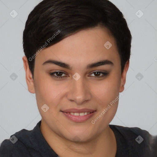 Joyful white young-adult female with short  brown hair and brown eyes