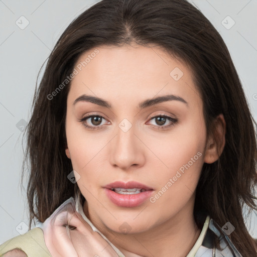 Neutral white young-adult female with medium  brown hair and brown eyes