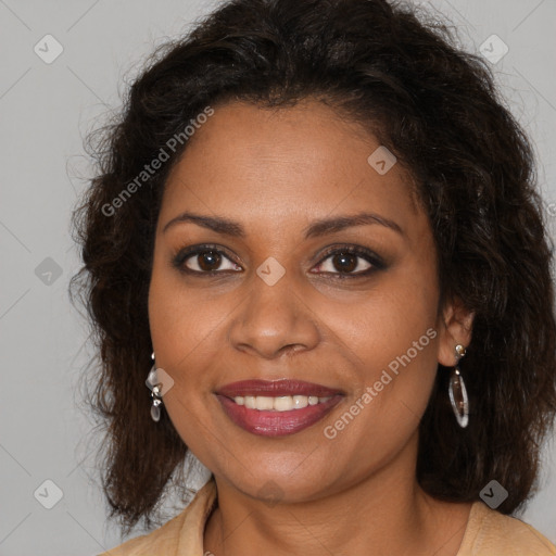 Joyful black young-adult female with medium  brown hair and brown eyes