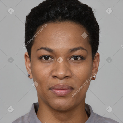 Joyful black young-adult female with short  black hair and brown eyes