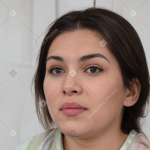 Neutral white young-adult female with medium  brown hair and brown eyes