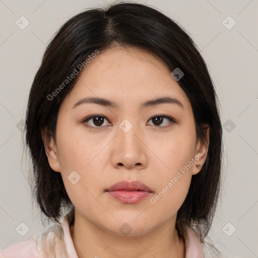 Neutral white young-adult female with medium  brown hair and brown eyes