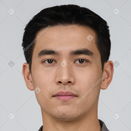 Neutral asian young-adult male with short  black hair and brown eyes