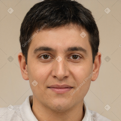 Joyful white young-adult male with short  brown hair and brown eyes