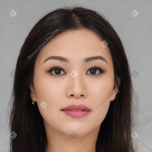 Neutral asian young-adult female with long  brown hair and brown eyes