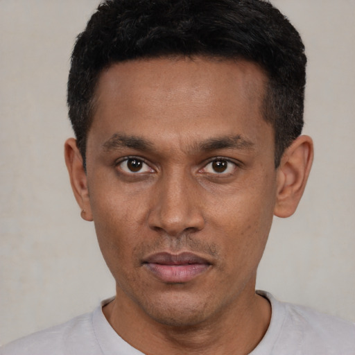 Neutral latino young-adult male with short  black hair and brown eyes