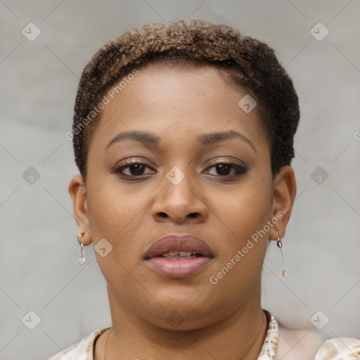 Neutral black young-adult female with short  brown hair and brown eyes