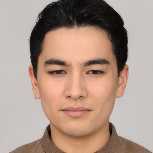 Neutral asian young-adult male with short  black hair and brown eyes