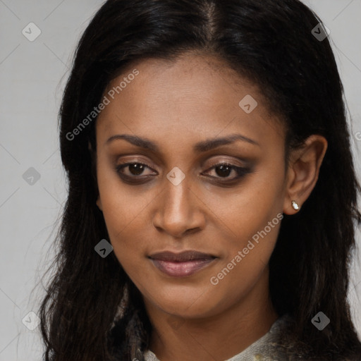 Joyful latino young-adult female with long  brown hair and brown eyes