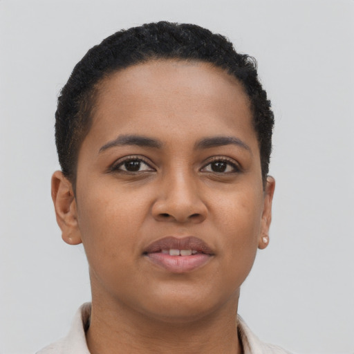 Neutral latino young-adult female with short  brown hair and brown eyes