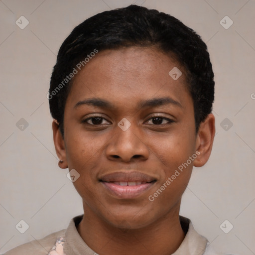 Joyful latino young-adult female with short  black hair and brown eyes