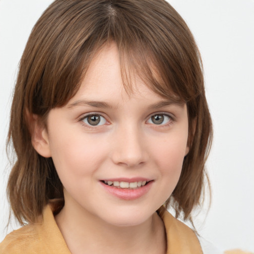 Joyful white child female with medium  brown hair and grey eyes