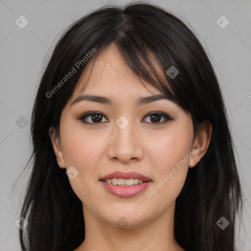 Joyful asian young-adult female with long  brown hair and brown eyes