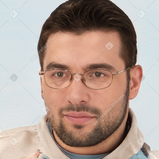 Joyful white young-adult male with short  brown hair and brown eyes