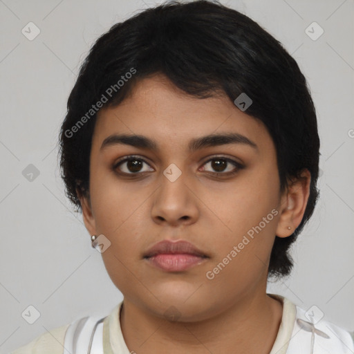 Neutral latino young-adult female with short  black hair and brown eyes