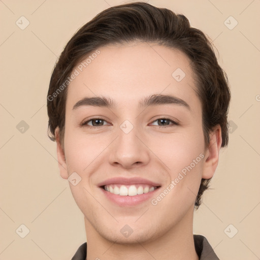 Joyful white young-adult female with short  brown hair and brown eyes