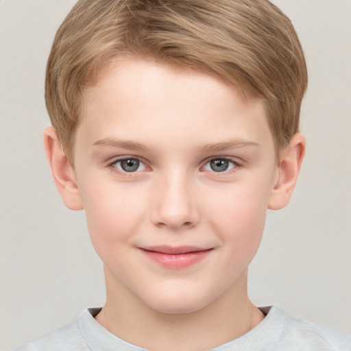 Joyful white child female with short  brown hair and grey eyes