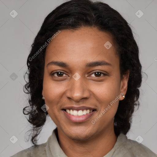 Joyful black young-adult female with medium  black hair and brown eyes