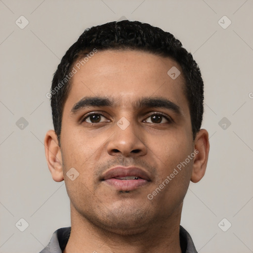 Neutral latino young-adult male with short  black hair and brown eyes