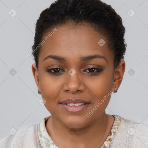 Joyful latino young-adult female with short  brown hair and brown eyes