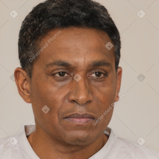 Neutral black adult male with short  black hair and brown eyes