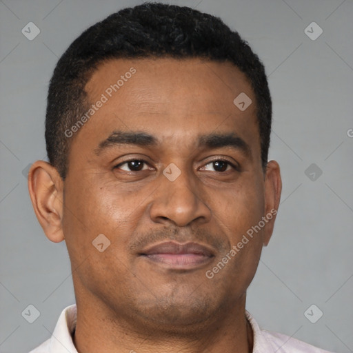 Joyful latino young-adult male with short  brown hair and brown eyes