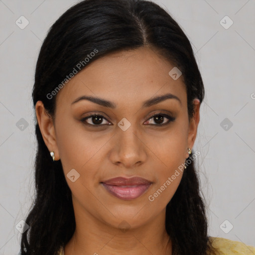 Joyful latino young-adult female with long  brown hair and brown eyes