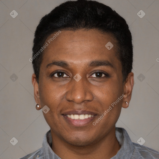 Joyful black young-adult male with short  black hair and brown eyes