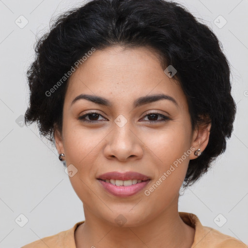 Joyful asian young-adult female with long  brown hair and brown eyes